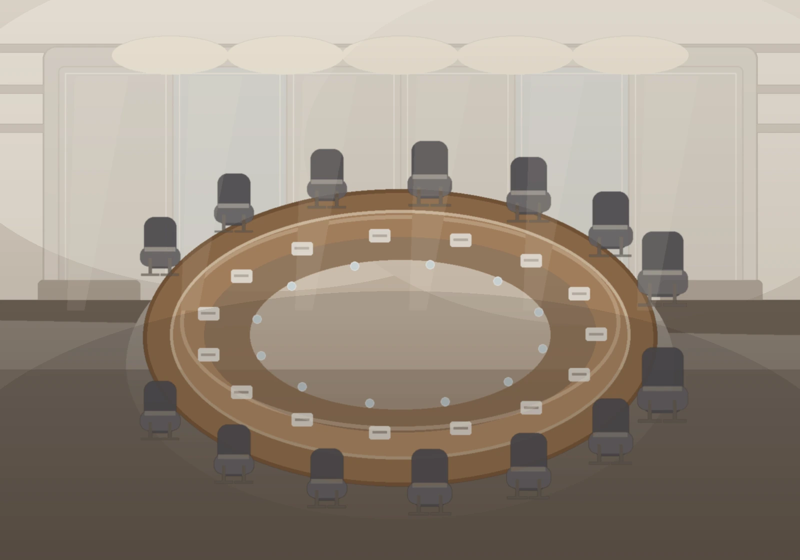 Sală de consiliu executivă pregătită pentru un roundtable privat Industry Circle.